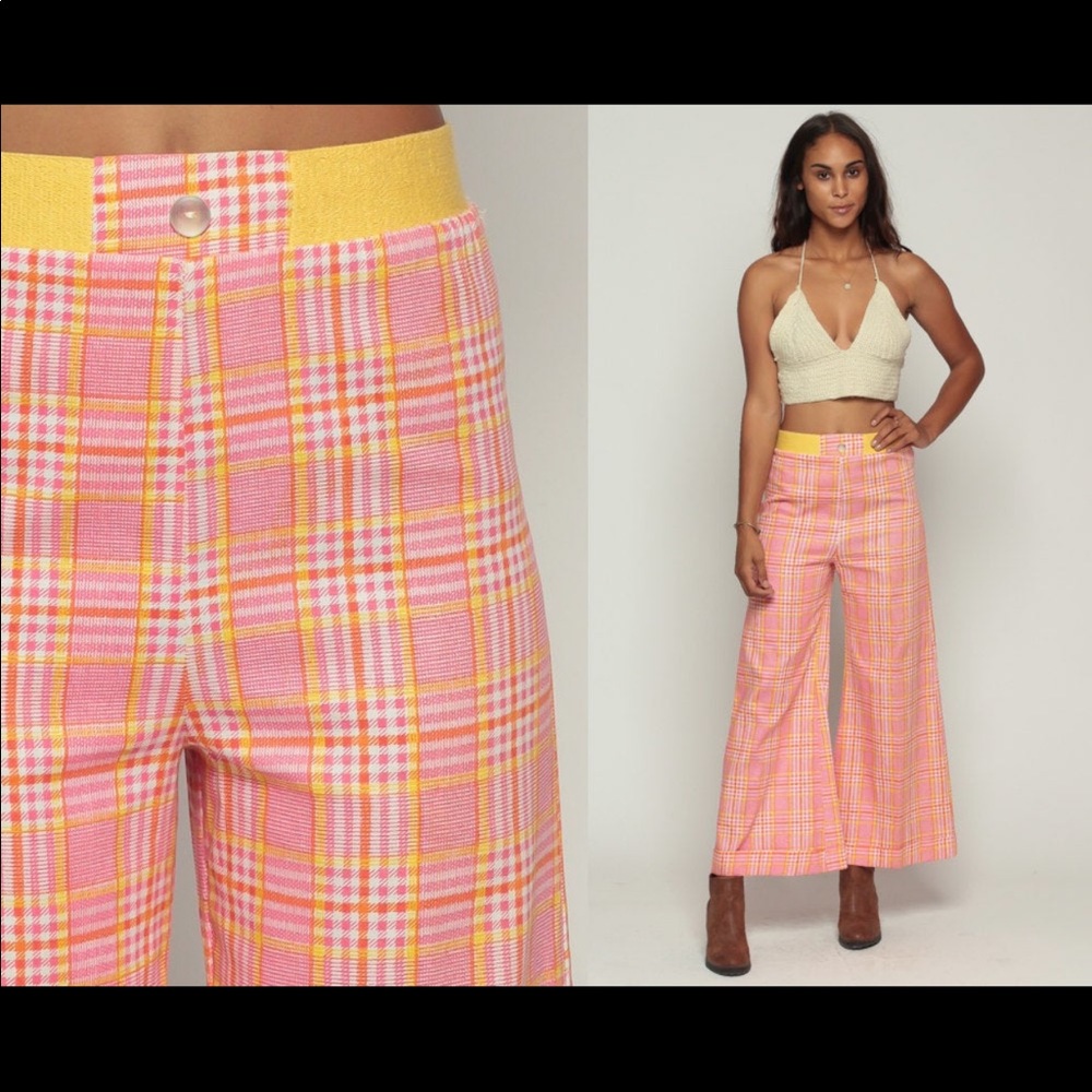 Bell Bottom Trousers Plaid Pants 70s Hippie Tartan High Waisted Vintage small